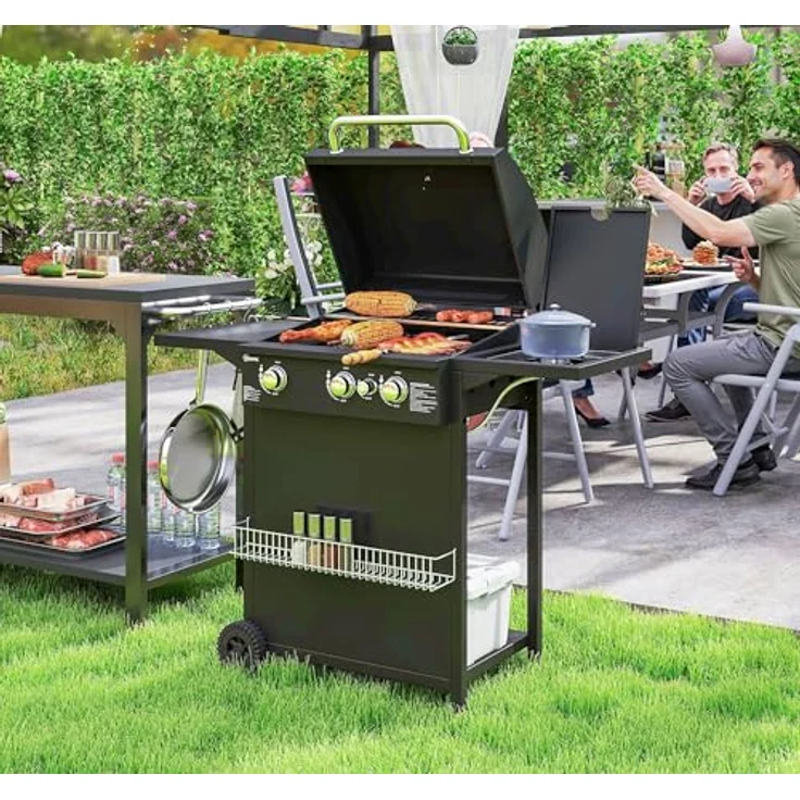 Outsunny Gasgrill BBQ 9,5 KW Grillwagen, 4 Brenner, Seitenkocher, 2 Heizzonen, Thermometer, 123x57x98 cm, für Balkon und Garten – Bild 2