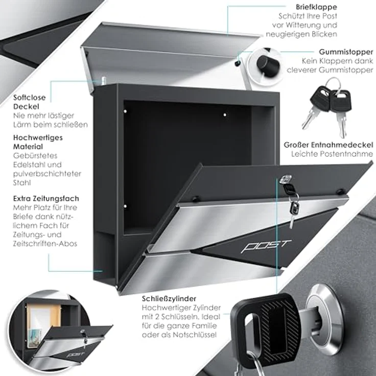 KESSER® Briefkasten mit Zeitungsfach Wandmontage Wandbriefkasten Edelstahl, 2x Schlüssel abschließbar, Moderner Postkasten Zeitungsrolle, inkl. Montagematerial, Softclose-Deckel, Anthrazit Silber – Bild 3
