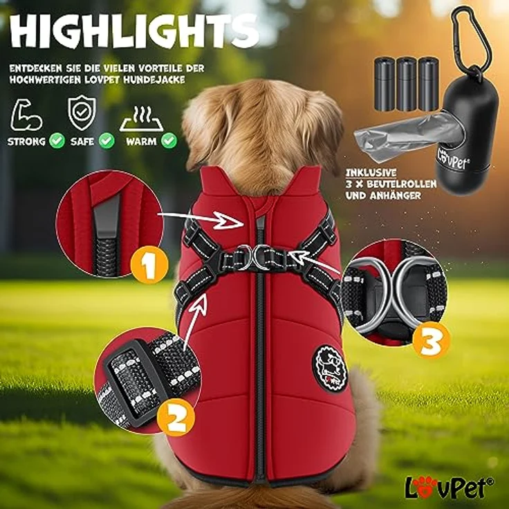 LOVPET® Hundejacke Hundemantel mit Geschirr, gefüttert und wasserdicht, 5XL, Bordeaux Rot, inkl. 45 Kotbeutel + Spender, mit reflektierenden Gurten und D-Ring – Bild 4