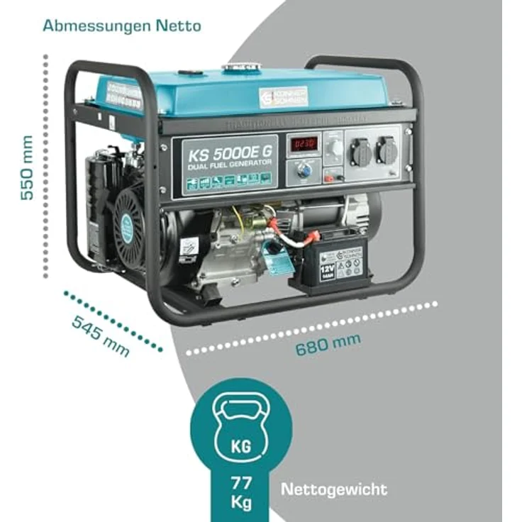 Könner & Söhnen KS 5000E G, 4500 W Gas- und Benzin-Generator mit Elektro- und Handstart, inkl. 2 Druckminderern, 25 L Tank, lange Laufzeit 17 Std. – Bild 4
