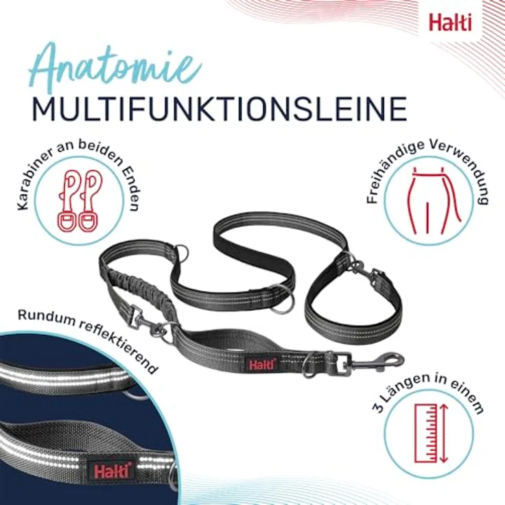 Company of Animals HALTI Anatomy Multifunktionsleine, Doppelführleine mit Ruckdämpfer, reflektierend, für Welpen (Größe S, Grau) – Bild 2