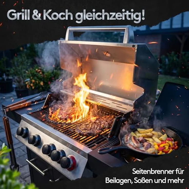 NTG Gasgrill FWGG.1354, 4 + 1 Brenner mit 17 kW Gesamtleistung, LED-Beleuchtung, Seitenkochfeld & Piezo-Zündung, Gusseisen-Grillrost, Edelstahl-BBQ Grillwagen – Bild 3