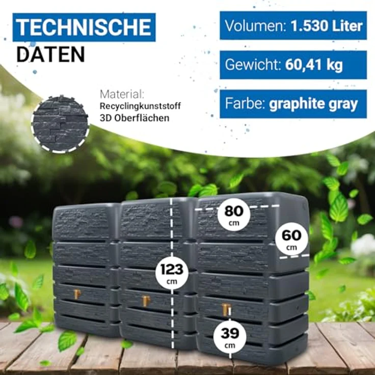 4rain Slim Stone Decor Regentonne Mauertank-Set 1530 Liter, wetterfester Wassertank in Graphite Grey mit flexiblen Anschlussmöglichkeiten – Bild 3