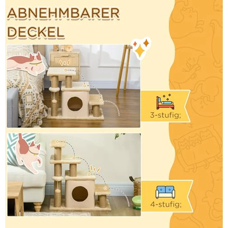 PawHut Haustiertreppe, 3/4-stufige höhenverstellbare Katzentreppe mit Schlafhöhle 2 in 1 praktische Hunderampe für kleine Hunde und Katzen Einstieghilfe für hohe Betten Sofa Beige 60 x 40 x 66 cm – Bild 3