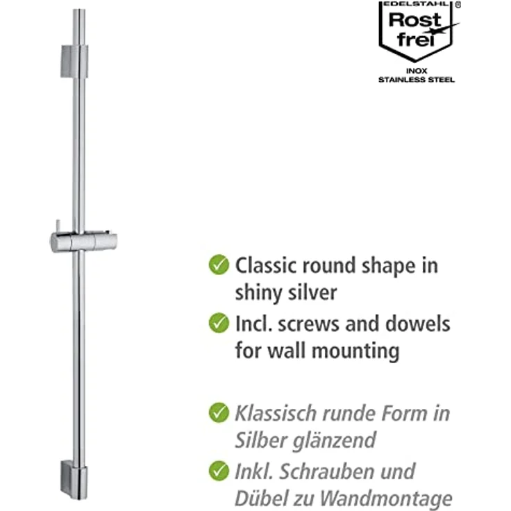 WENKO Duschstange Classic 90 cm, Brausestange mit verstellbarer Halterung für Handbrausen für Dusche oder Badewanne aus hochwertigem, rostfreiem Edelstahl, mit verschiebbarer Wandhalterung, Chrom – Bild 3