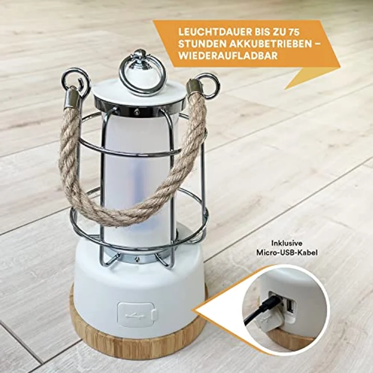 Skandika LED-Lampe Kiruna | Retro Outdoor Campinglampe mit Powerbank, stufenlos dimmbar, kabellos, Akku, aufladbar, USB, warm- und kaltweiß, 75h Leuchtzeit (Kiruna weiß) – Bild 5