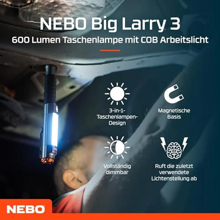 NEBO Big Larry 3, 600 Lumen LED-Taschenlampe mit COB-Arbeitslicht, dimmbar, Stahlgrau, Magnetfuß und Clip für freihändiges Leuchten – Bild 2