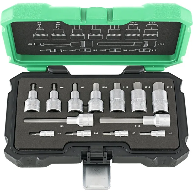 fortis Sechskant-Bit 13-teilig, Schraubendreher-Einsatz-Garnitur 1/4" und 1/2" Innensechskant, geschmiedet aus S2-Stahl, inkl. schlagfestem Kunststoffkasten