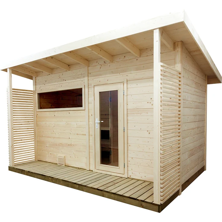 Sentiotec Gartensauna Scala Large aus Fichte, Terrasse, Vorraum, Isolierglasfenster, ESG Glas Tür, versperrbare Holztüre, Linde Inneneinrichtung
