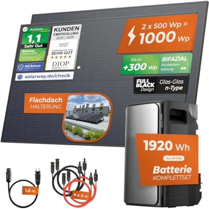 Solarway® Balkonkraftwerk 1000Wp / 800W mit 1,9kWh EcoFlow Stream Max Speicher, 2x 500W bifaziale Solarmodule, inklusive Zubehör - Steckerfertig – Bild 2