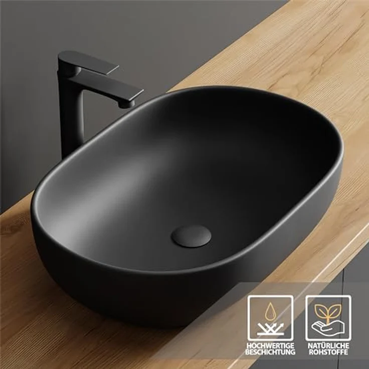 Planetmöbel Aquil Deluxe Waschbecken Oval | Aufsatzwaschbecken für Badezimmer und Gäste-WC | Handwaschbecken ohne Hahnloch und Überlauf | Schwarz matt, 60 x 40 x15 cm – Bild 4