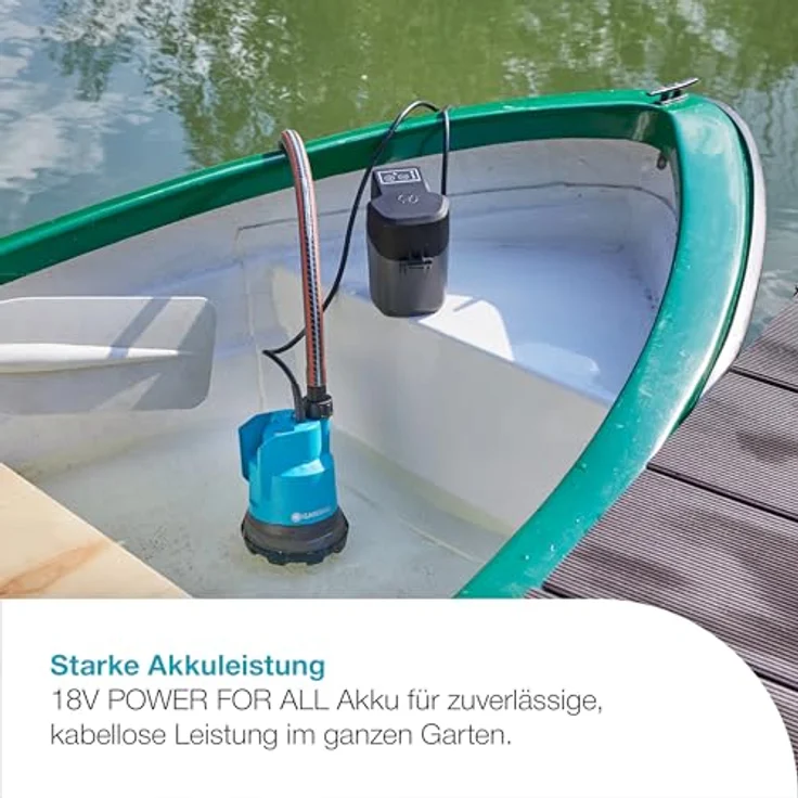 Gardena 14600-20 Akku-Klarwassertauchpumpe 2000-2 18V P4A Set mit Akku und Ladegerät 18 V 2.000 l/h Entwässerung max. Förderhöhe 20 m max. Förderdruck 2 bar max. Tauchtiefe 1,8 m max. Wassertemperatur 35 °C Kabellänge 2 m – Bild 7