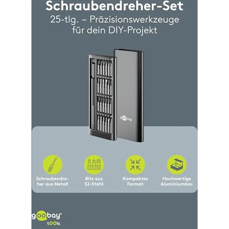 goobay 24 in 1 Schraubendreher Set, Tragbares Mini Werkzeug mit Präzisions-Bitsatz für Macbook, Laptop, PS4, PS5, iPhone, Brille, Uhren, Switch, Xbox, PC – Aluminium-Gehäuse mit Magnetischem Bithalter – Bild 2