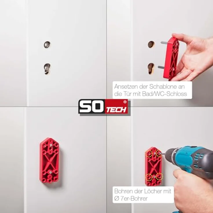 SOTECH Bohrschablone für Türdrücker mit Rosettengarnitur, Kunststoff (rot), für alle Türen mit Buntbart, Profilzylinder, WC und Wechselschloss geeignet - Preisvergleich – Bild 4