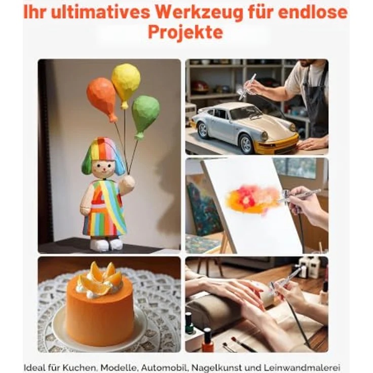 VEVOR Airbrush Set 1/6 PS, mit 0,3 mm Dual Action Airbrush, Luftkompressor & Tank, inkl. Acrylfarbe und Reinigungsset, ideal für Kuchendekoration, Modellmalerei und Nagelkunst – Bild 3