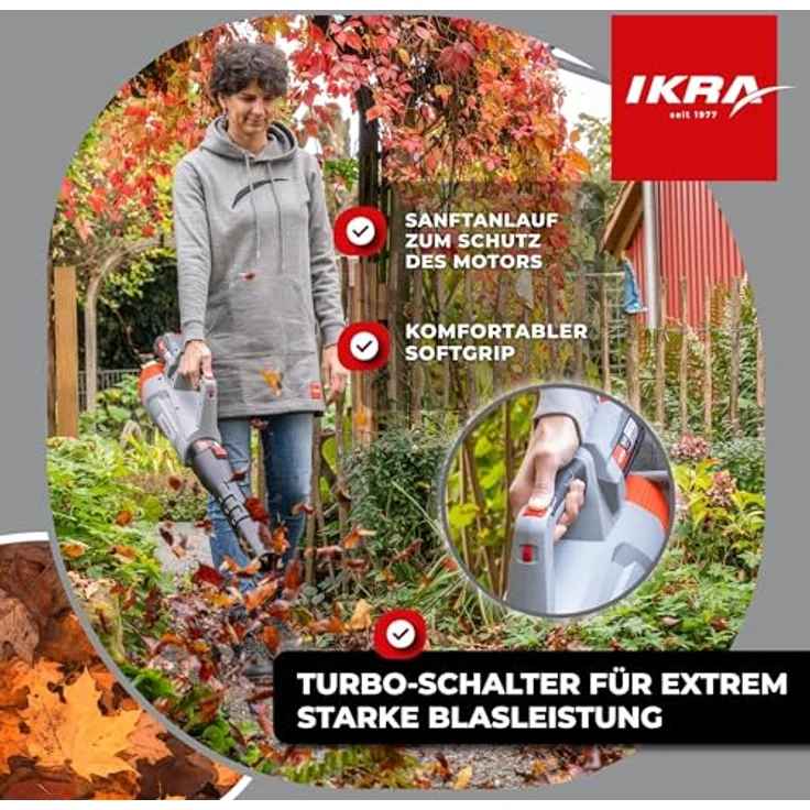 IKRA 36V Akku Laubbläser IB-LB 36, Blasgeschwindigkeit bis 215 km/h, kompatibel mit Bosch, variabel einstellbar, ergonomisch, grau – Bild 5