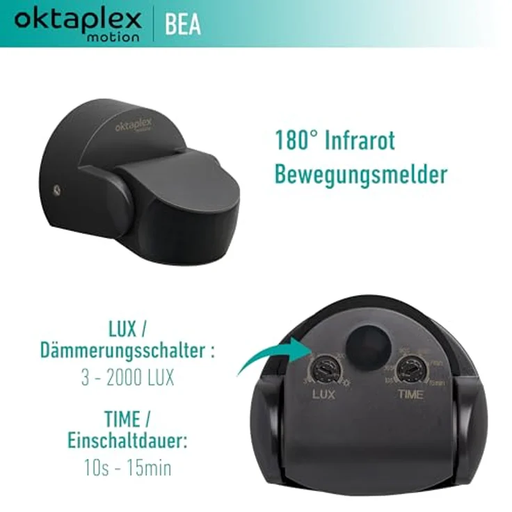 Oktaplex motion Oktaplex Bea Bewegungsmelder Aussen IP65 schwenkbar 180° Infrarotsensor 10m Reichweite 230V anthrazit mit Dämmerungssensor – Bild 3