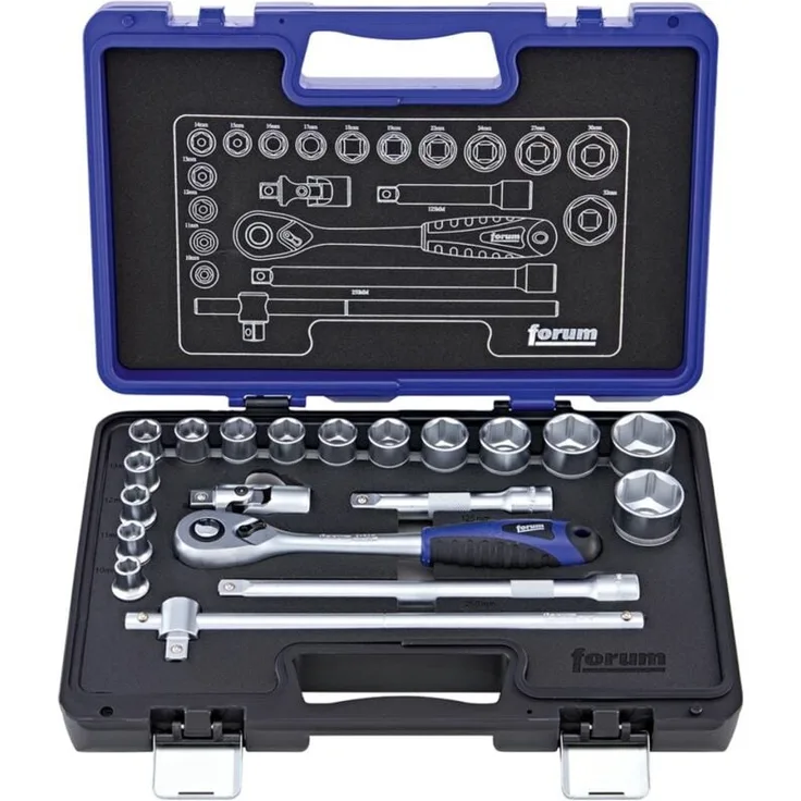 Forum Steckschlüsselgarnitur 1/2, 20-tlg. aus Qualitätsstahl C60 im seidenmatten Finish, inkl. ergonomischem 2-Komponenten-Griff und robustem Kunststoffkasten
