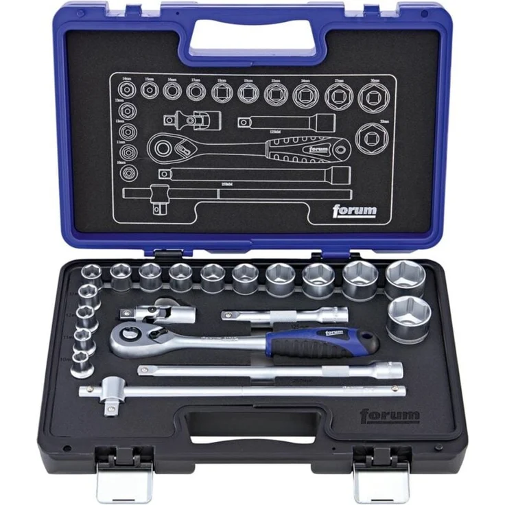 Forum Steckschlüsselgarnitur 1/2, 20-tlg. aus Qualitätsstahl C60 im seidenmatten Finish, inkl. ergonomischem 2-Komponenten-Griff und robustem Kunststoffkasten