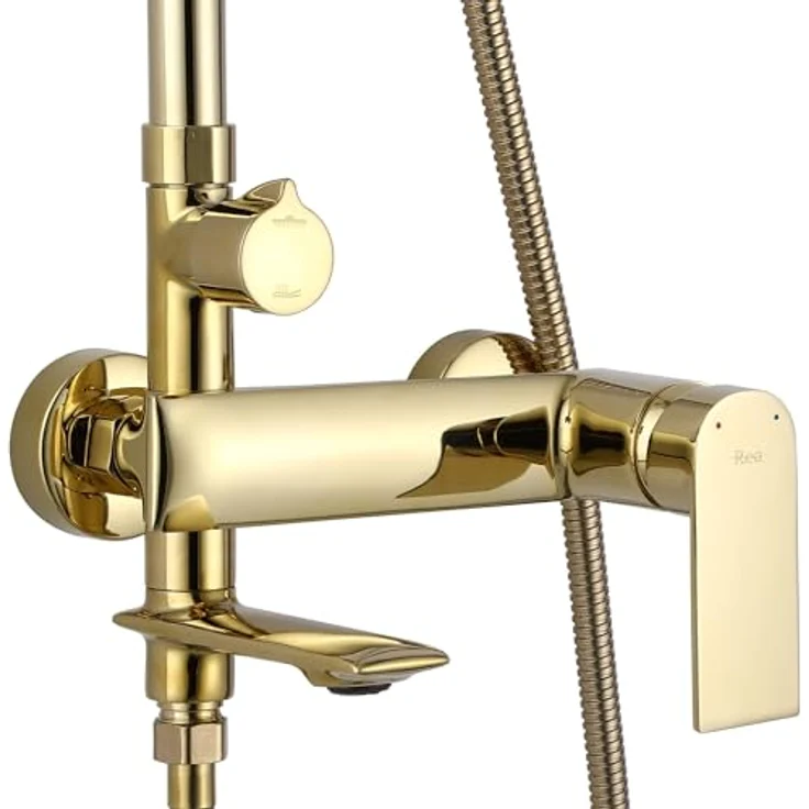 Rea Veneta Gold Duschsystem, Duschset mit Duscharmatur, Duschkopf und Kopfbrause aus Messing, Aufputzmontage, 3 Funktionen, gold – Bild 2