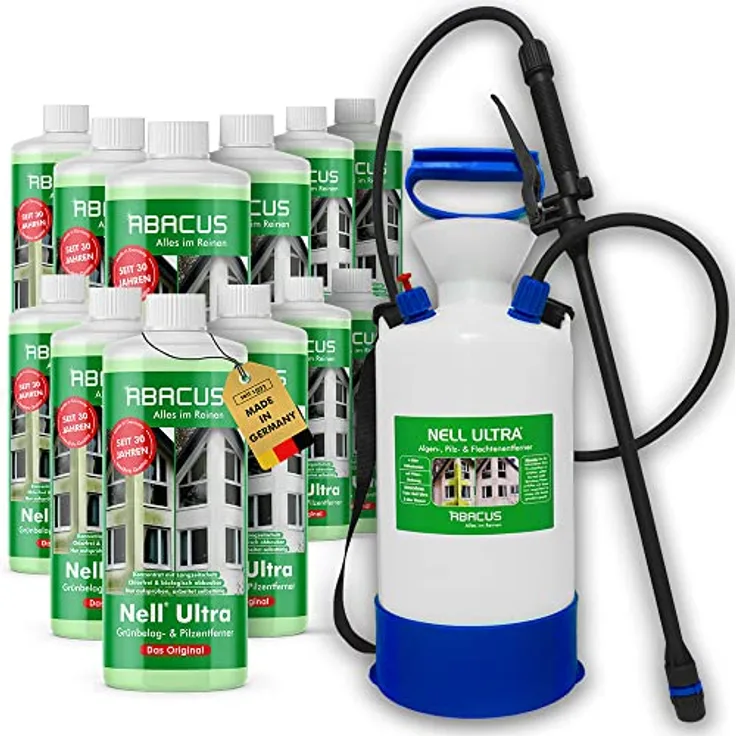 Nell Ultra Grünbelagentferner & Algenentferner Konzentrat Set, extrem stark! Entfernt Grünbelag & Algen selbsttätig mit Langzeitschutz – Algen- & Grünbelagentferner 12x1000ml mit Drucksprüher – Set XXL