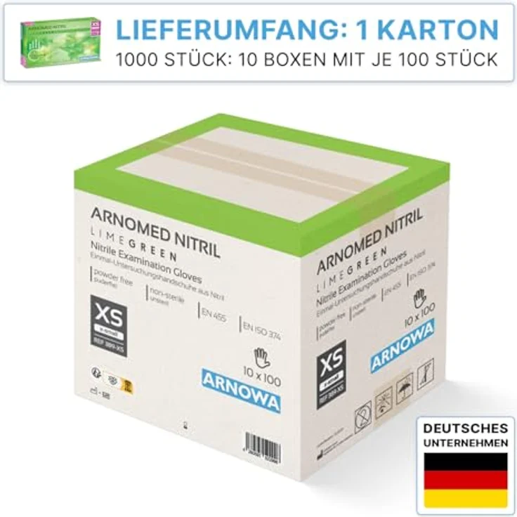 ARNOMED Einweghandschuhe Grün, Nitril Handschuhe puderfrei, 1000 Stück, XS, latexfrei, lebensmittelecht, Schutzhandschuhe für Hygiene- & Reinigungsarbeiten – Bild 2