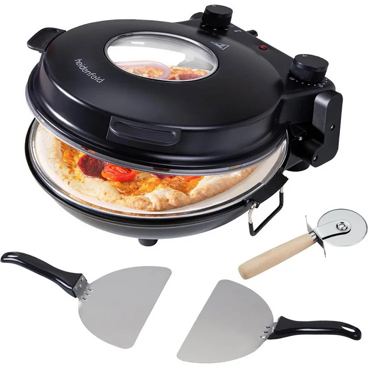 Heidenfeld Pizzaofen Napoli, mobiler elektrischer Holzofen mit 1200 W, bis 400°C, inkl. feuerfestem Pizzastein und extra großem Sichtfenster, Schwarz/Rot