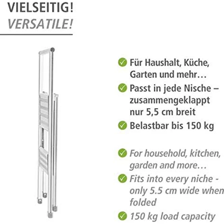 WENKO Leichte Aluminium Trittleiter mit 2 Stufen für 50 cm höheren Stand, rutschsichere XXL-Stufen, Design Klapptrittleiter mit 44 x 101 x 5,5 cm, Süd zertifiziert, weiß – Bild 4