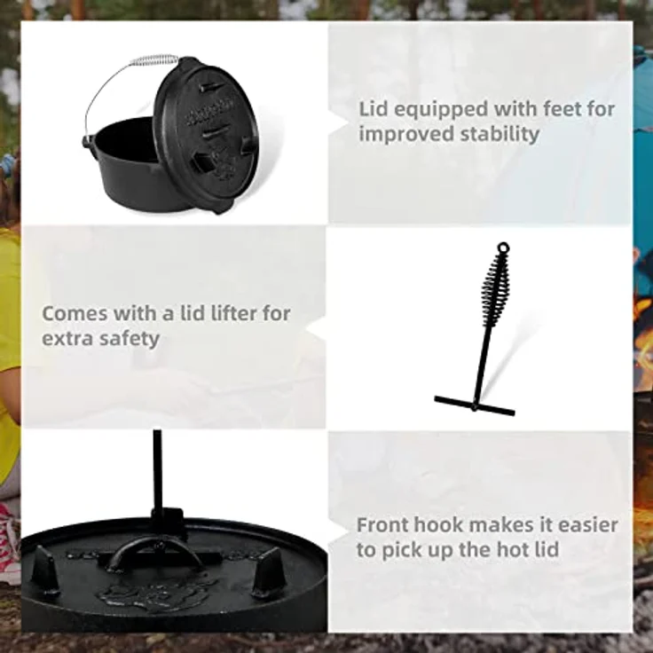 BROILISSIMO Dutch Oven Set Gusseisen, 4-6-9 L, Grilltopf mit Doppelfunktion, ideal für Grill und Camping, stabiler Deckel mit Sicherheitshebern – Bild 2