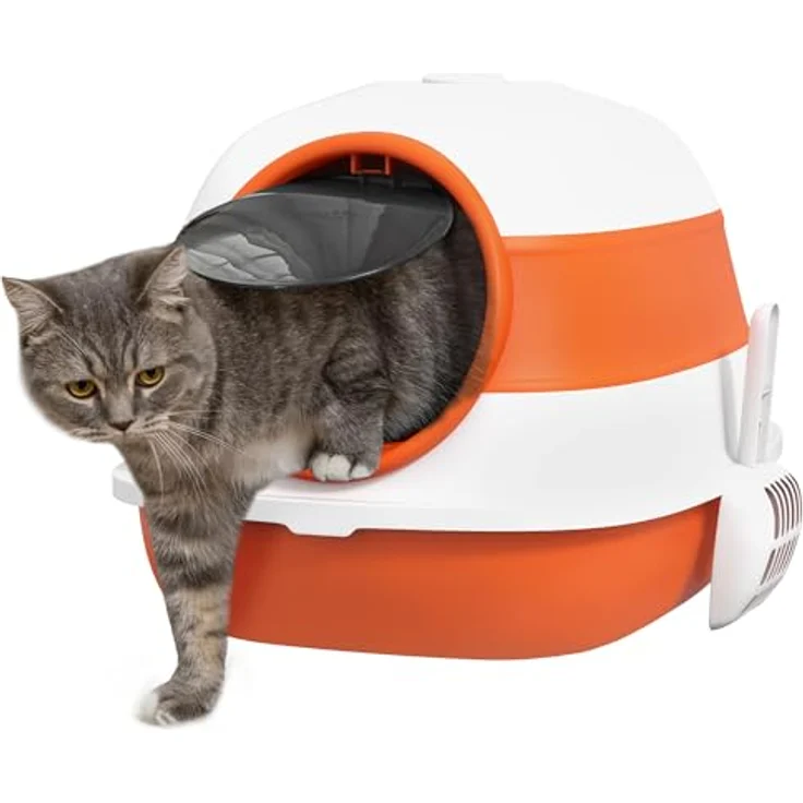 PawHut Katzentoilette mit Deckel, Katzenklo inkl. Deodorant, Bodengitter, Streuschaufel, Großer Innenraum für Katzen bis 5 kg, Weiß+Orange – Bild 1