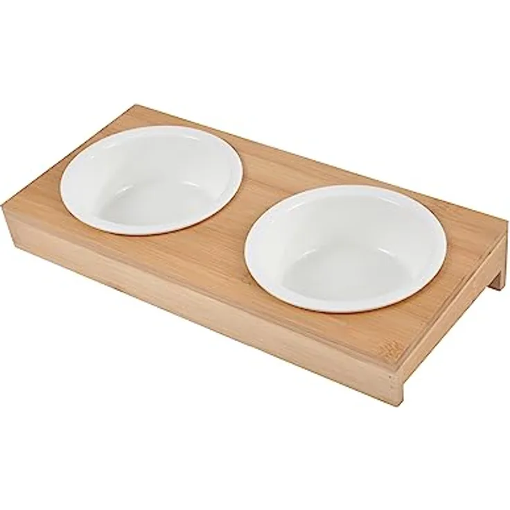 Doppelter Futternapf, Keramik, mit Halterung, Bambus, Natur, D12 cm, 29,5 x 14 cm, Weiß