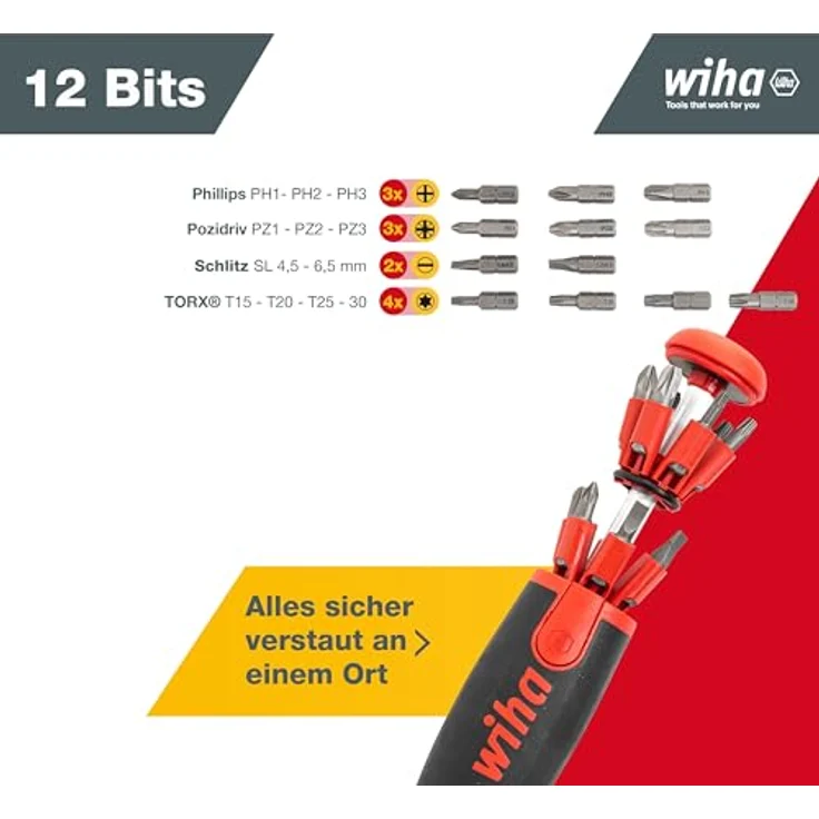 Wiha Schraubendreher mit Bit Magazin LiftUp 25 magnetisch gemischt mit 12 Bits, 1-4'' in Blister (38605), Bits im Griff, langlebig, universell, Bitsatz, Bithalter, platzsparend, kompakt, stabil – Bild 2