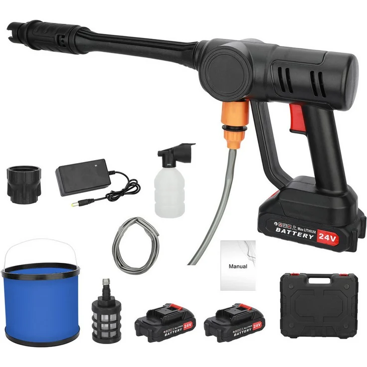 Rutaqian Akku-Hochdruckreiniger 300W, tragbar mit 50 bar Druck, 2 Batterien, verstellbare Düse, inklusive Wasserleitung und Eimer