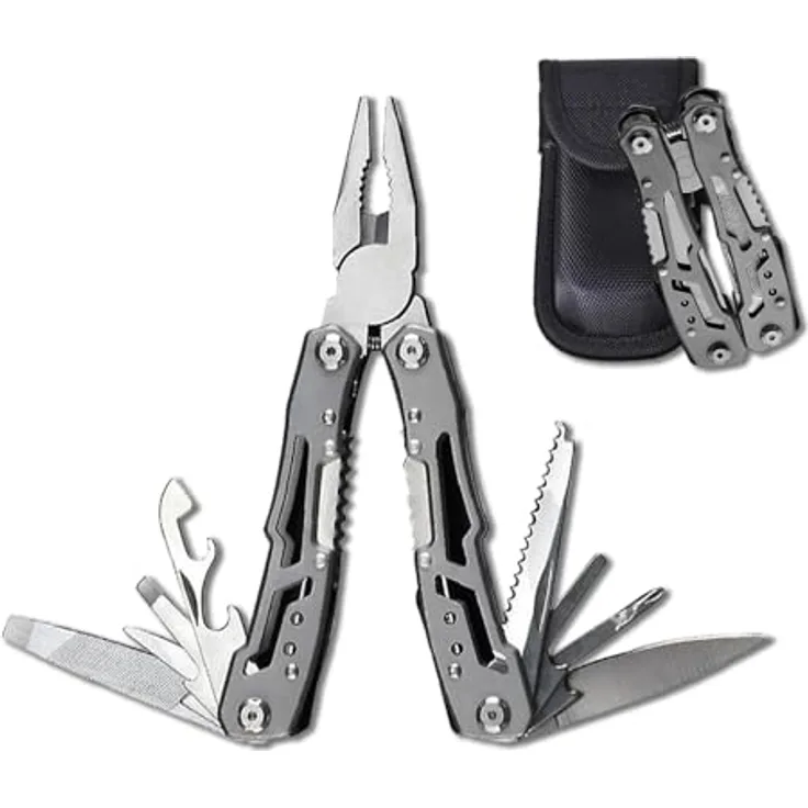 LEVADA PLUS Multitool 14-in-1, kompaktes Edelstahl-Multifunktionswerkzeug mit Zange, Messer, Schraubendreher, Flaschenöffner und Nylonetui für Camping und Outdoor-Aktivitäten