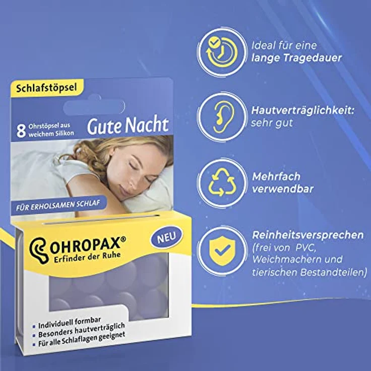 OHROPAX Gute Nacht Ohrstöpsel aus Silikon, 8 Stück - Lärmschutz, formbar, wiederverwendbar – Bild 3