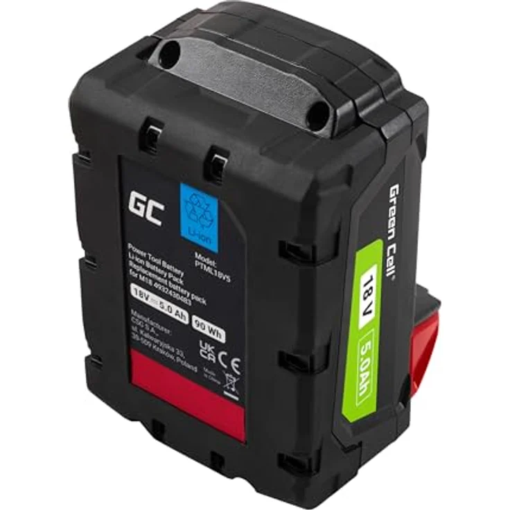 Green Cell Akku B5 4932430483 (5Ah 18V Li-Ion) Leistungsstarker Ersatzakku Kompatibel mit Milwaukee M18 M18b 48-11-1850 48-11-1840 48-11-1815 48-11-1852 48-11-1828 mit Batterieladeanzeige, Hochwertige Lithium-Ionen-Zellen, Grün – Bild 5