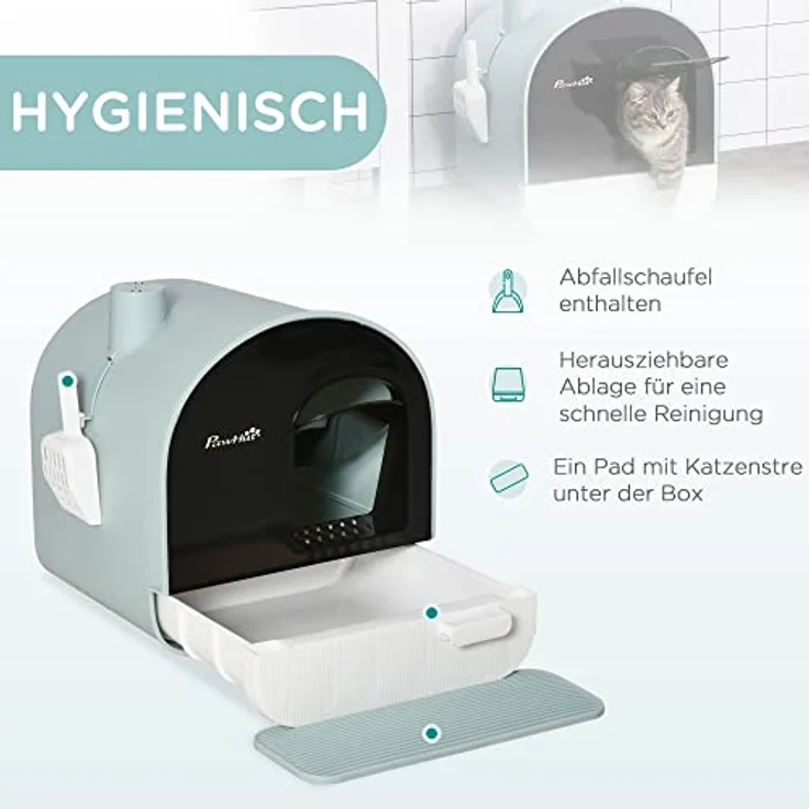 PawHut Katzentoilette Toilette mit Haube für Katzen bis 5 kg Katzenklo mit Deckel inkl. Schaufel ausziehbares Tablett Katzenstreu Matte Kunststoff Grün 43 x 44 x 47 cm – Bild 4