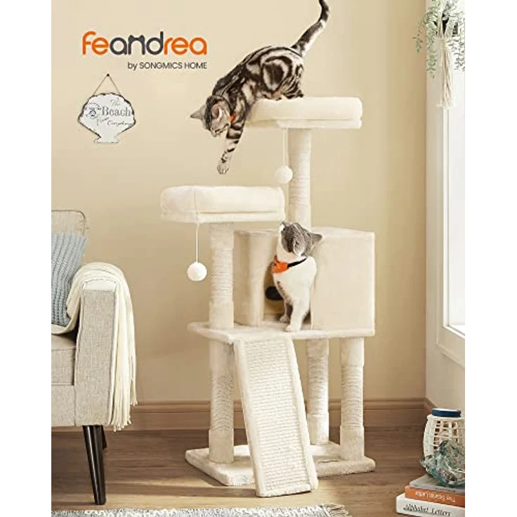Feandrea Kratzbaum klein, Katzenbaum mit Kratzbrett, 115 cm, vollständig mit Sisal umwickelte Säule, beige Plüsch – Bild 2