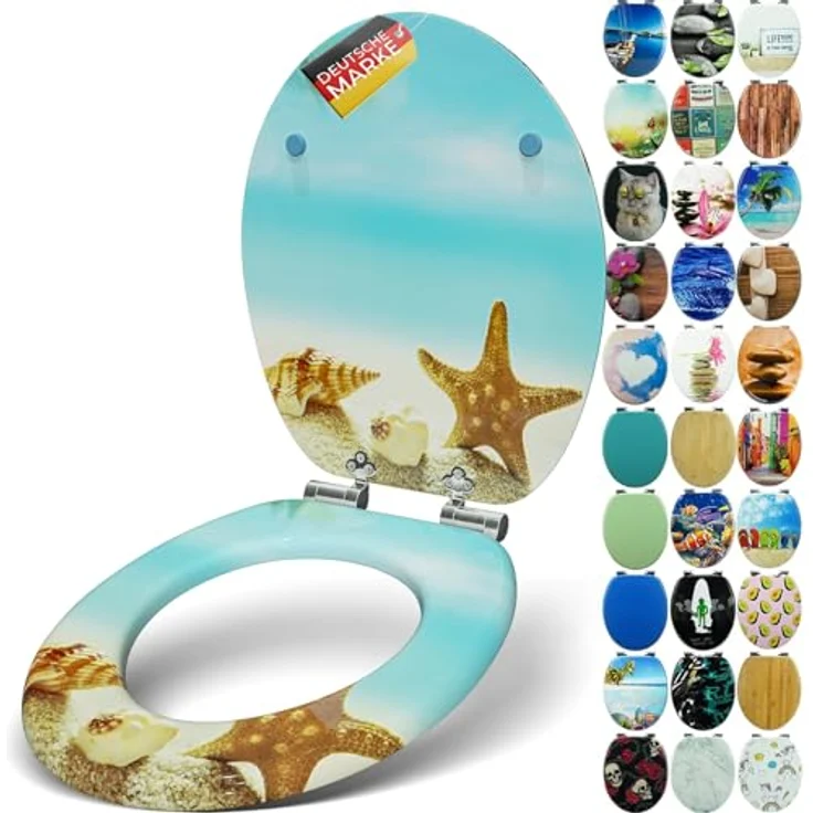 Sanfino WC Sitz Seastar Beach, Toilettendeckel aus Holz mit Absenkautomatik, hellblau, 43,5 x 37,5 cm – Bild 1