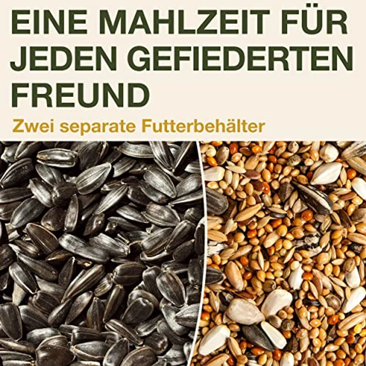 SWISSINNO Vogel-Futtersilo Davos SMART BIRDS. Füttern Sie Vögel - Nicht Nagetiere! Robust + Zuverlässig zum Aufhängen. Wiederverwendbar. 2 Futterkammern. Made in EU. Hellgrau – Bild 5