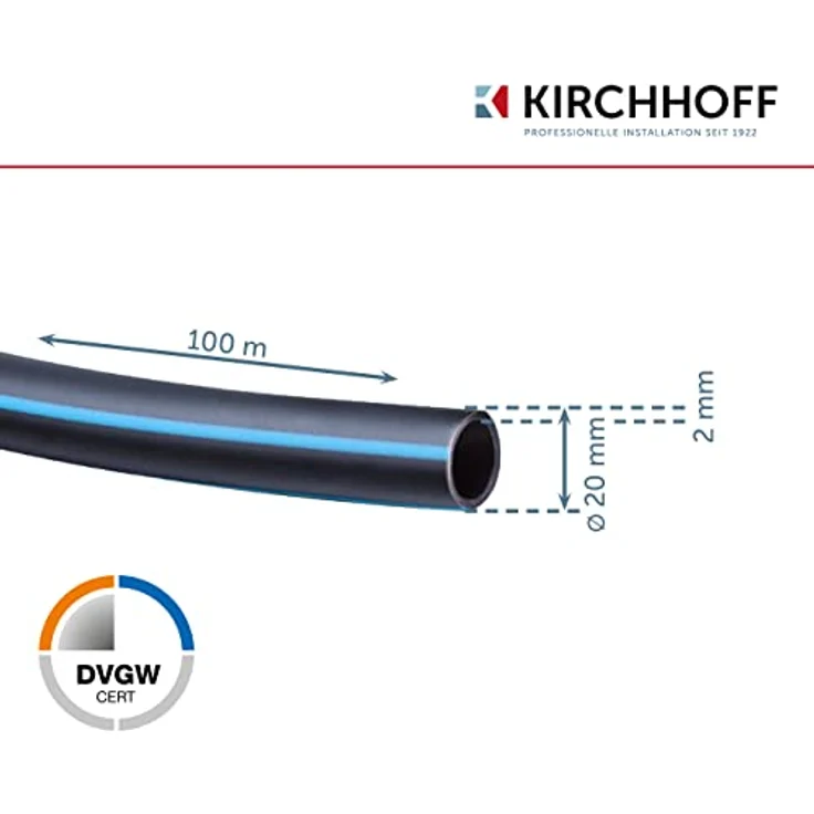 Kirchhoff Wasserleitung für Gartenbewässerung 20 mm x 100 m | PE Rohr für Sprinklersystem | Verlegerohr HDPE | DVGW | Trinkwasserleitung | Made in EU – Bild 2