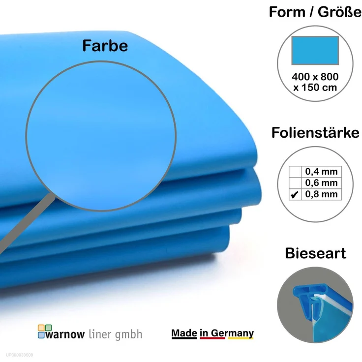 Warnow Liner Premium Poolfolie für Styroporpool, 800 cm x 400 cm x 150 cm, Stärke: 0,8mm, blau, Keilbiese, UV- und Kältebeständig