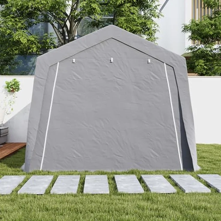 Outsunny Gerätehaus mit Satteldach, wasserdichtes Gerätezelt aus UV-beständigem PE-Gewebe, hellgrau, 300 x 447 x 255 cm, mit Türen und Fenstern – Bild 8