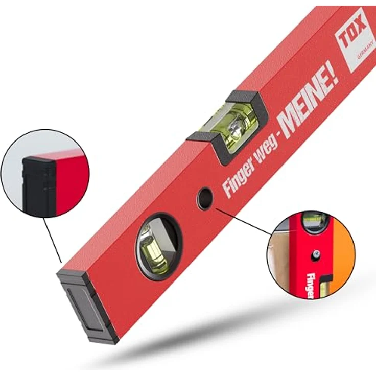 TOX Wasserwaage 30 cm, rot mit Aufdruck „Finger weg – MEINE“, aus Aluminium mit Pulverbeschichtung und stoßfesten Gummikappen, 1 Stück – Bild 3