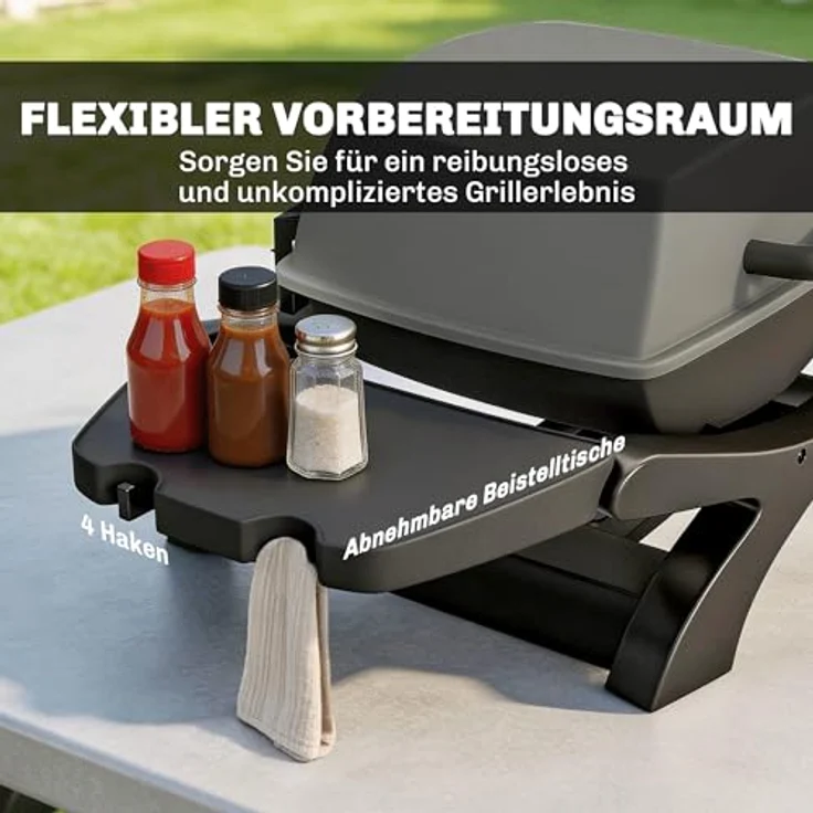 Outsunny Tragbarer Gasgrill 3,3 kW mit 1 Brenner, klappbaren Seitentischen, Gusseisen Grillrosten, herausnehmbarer Fettauffangschale und Thermometer, Tischgasgrill für Garten und Balkon – Bild 5