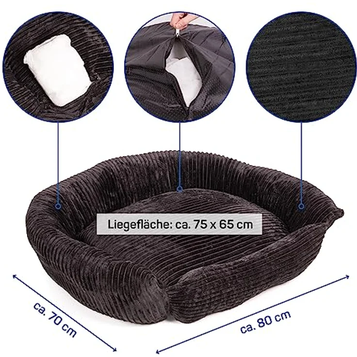 Wallace & Jones | Hundebett Cordo - Breitcord-Obermaterial samtweich - schwarz | M | ca. 80 x 70 x 27 cm – Bild 2