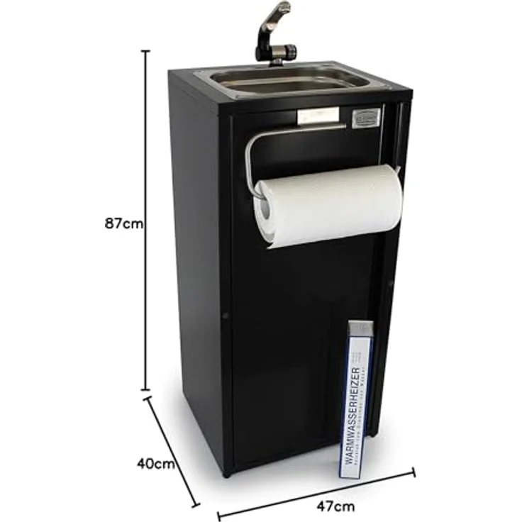 ad-ideen Mobiles Handwaschbecken mit Warmwasser, Edelstahlspüle 325 x 265 mm, Dunkel Anthrazit, Automatikwasserhahn und Papierrollenhalter – Bild 5