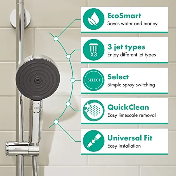 hansgrohe wassersparender Duschkopf Pulsify Select S, Sparduschkopf, Duschbrause, 3 Strahlarten Relaxation, Antikalk-Funktion, Chrom – Bild 1