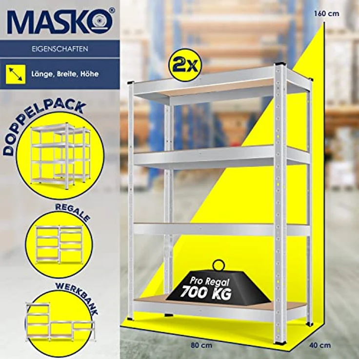 MASKO 2er-Set Lagerregal Schwerlastregal, Kellerregal , bis 875 kg belastbar, 5 verstellbare Ablagen, MDF-Platten Regal aus Metall, Steckregal, Werkstattregal, Keller, Garage 2x 160x80x40cm 4-Böden, 2x Silber 700kg – Bild 8