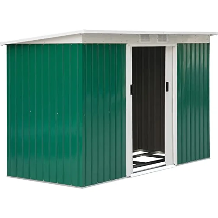 Outsunny Gerätehaus, Gartenhaus, Geräteschuppen mit Schiebetür, Lüftungsfenster, Pultdach, Outdoor, Stahl, Dunkelgrün, 280 x 130 x 172 cm